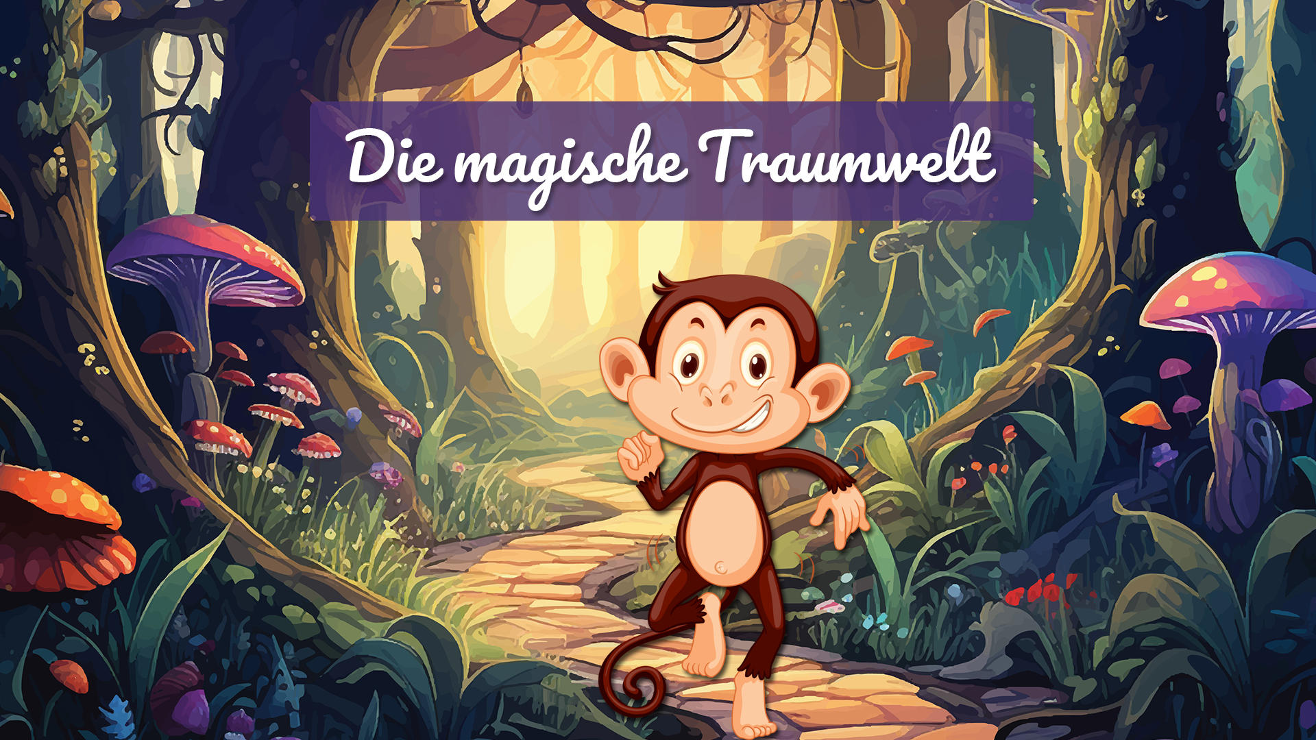 Timmi, der kleine Affe, läuft durch einen Wald voller magischer Pflanzen.