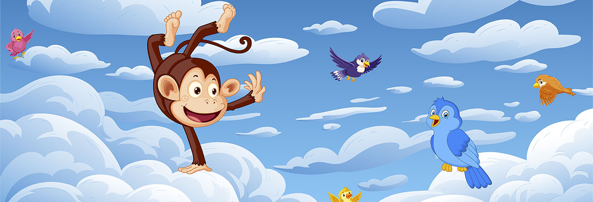 Timmi, der kleine Affe, turnt auf den Wolken.