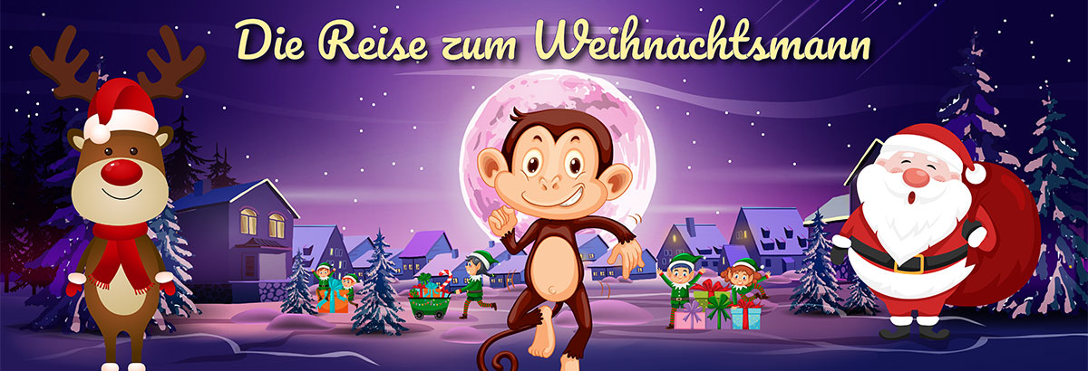 Timmi, der kleine Affe, im Weihnachtsdorf mit dem Weihnachtsmann, Rentier Rudi und Elfen. Beschriftung: Die Reise zum Weihnachtsmann.